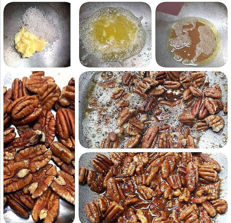 melting sugar and butter for caramelising pecan nuts for chocolate tart recipe