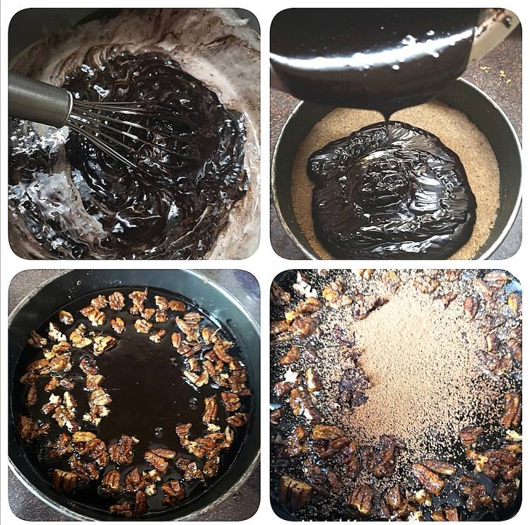 pouring chocolate ganache on biscuit tart base , further adding caramalised pecan nuts and dusting with coco powder for chocolate tart recipe