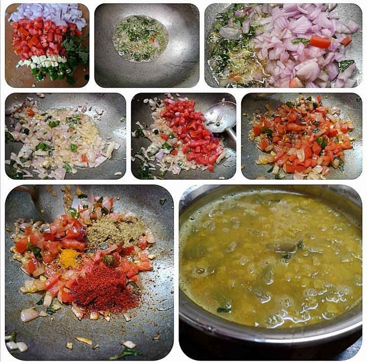 sauteeing chopped onions, tomatoes, garlic, green chili, curry leaves along with spices like turmeric powder, coriander powder and red chili powder