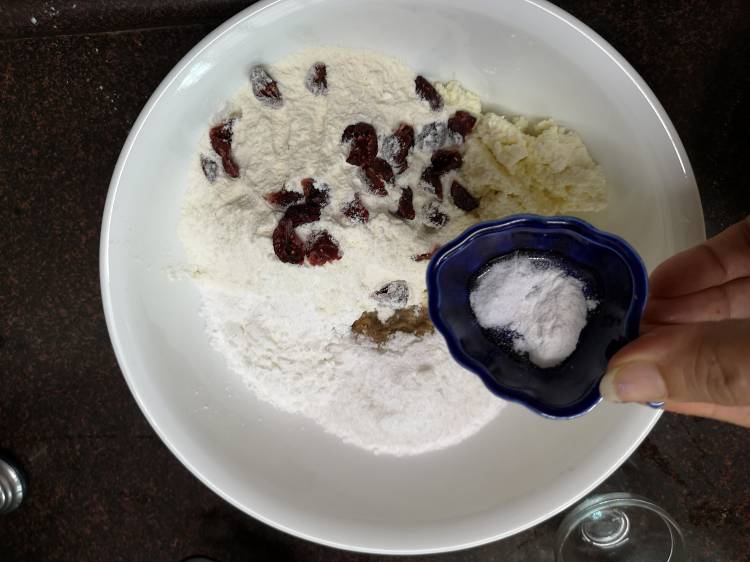 adding baking powder to cotttage cheese, powdered sugar,dry cranberries, Russian Syrniki recipe 