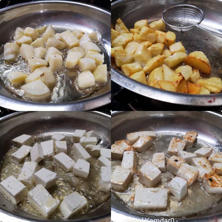 Frying potatoes and paneer cubes in hot oil for preparing aloo paneer recipe, how to make paneer aloo