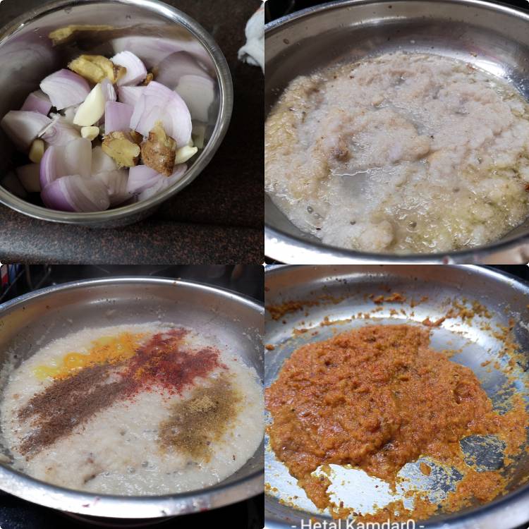 preparing onion, garlic and ginger gravy along with indian spices for preparing aloo paneer recipe, how to make aloo paneer recipe