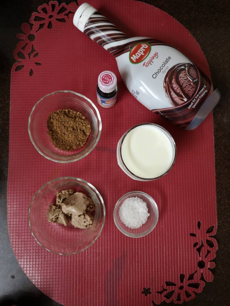 milk, coco powder, chocolate ice cream, chocolate syrup and vanilla essence for making chocolate milkshake