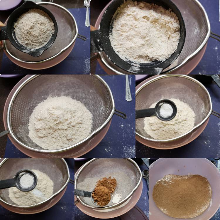 Mixing all-purpose flour, coco powder, baking soda, baking powder, Ragi Flour, Nachni flour together for Chocolate Rage Cake