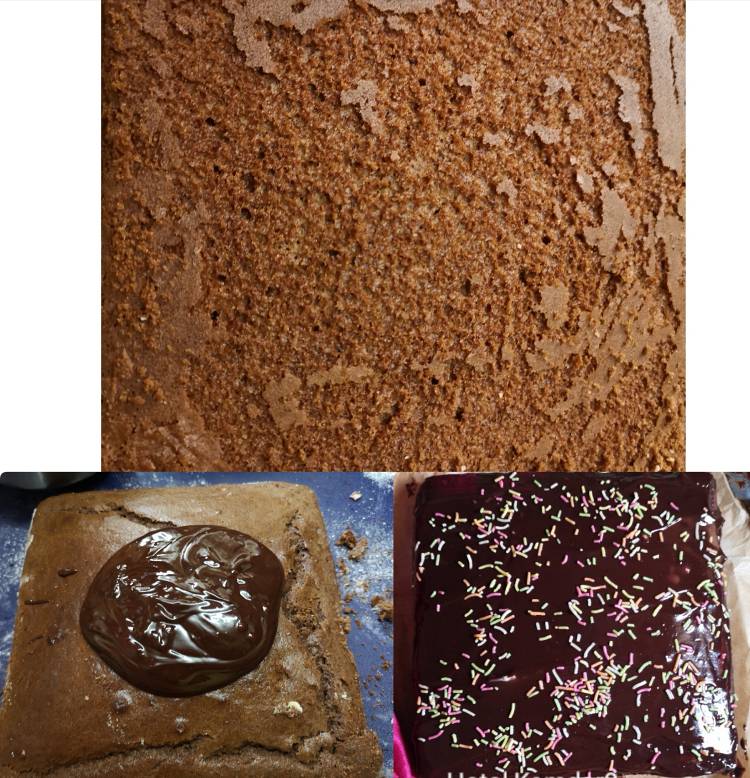 Pictures showing perfect baked chocolate Ragi cake, topped with chocolate ganache and sprinklers