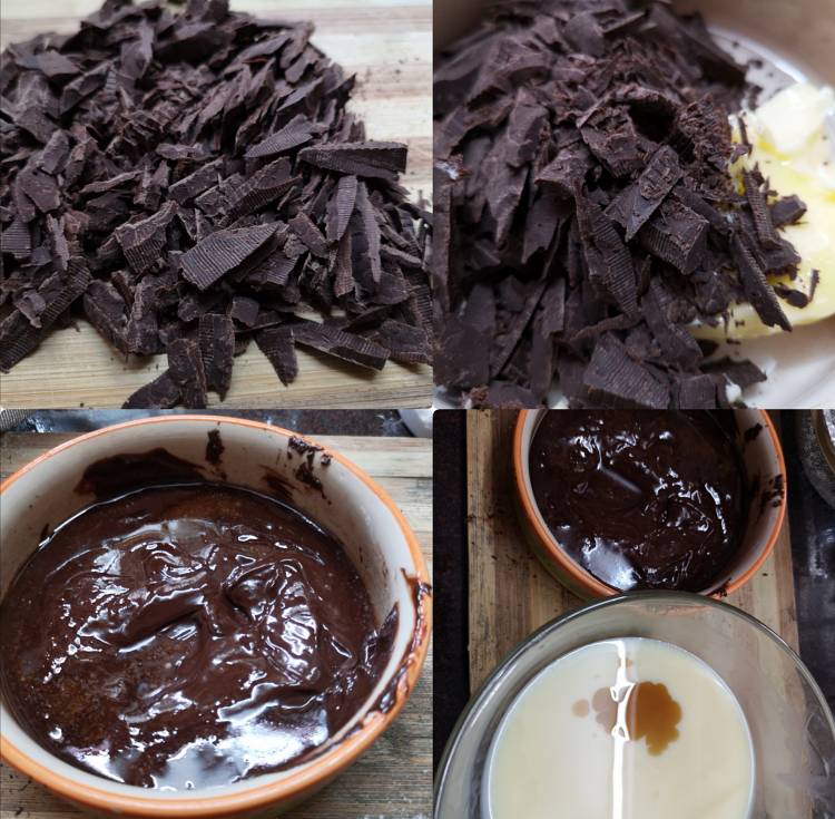 melting chocolate shavings into butter for eggless chocolate brownie recipe