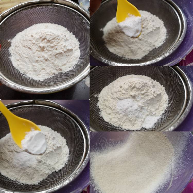 sieving all-purpose flour, baking powder, baking soda and icing sugar for for eggless oreo brownie recipe