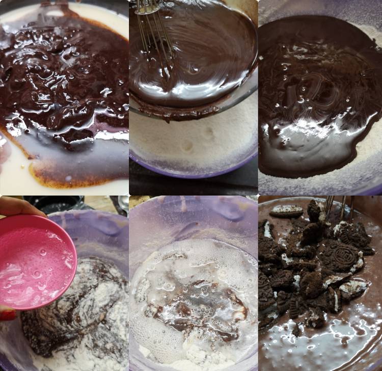 adding chocolate and mixing all the dry ingredients in eggless oreo brownies recipe, batter for chocolate Oreo Brownies