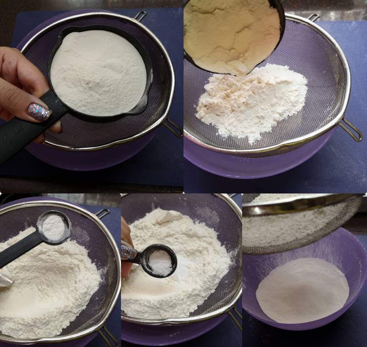 collage photo of sieving and mixing all-purpose flour, baking powder, baking soda, icing sugar for eggless vanilla sponge cake recipe, how to bake eggless vanilla sponge cake