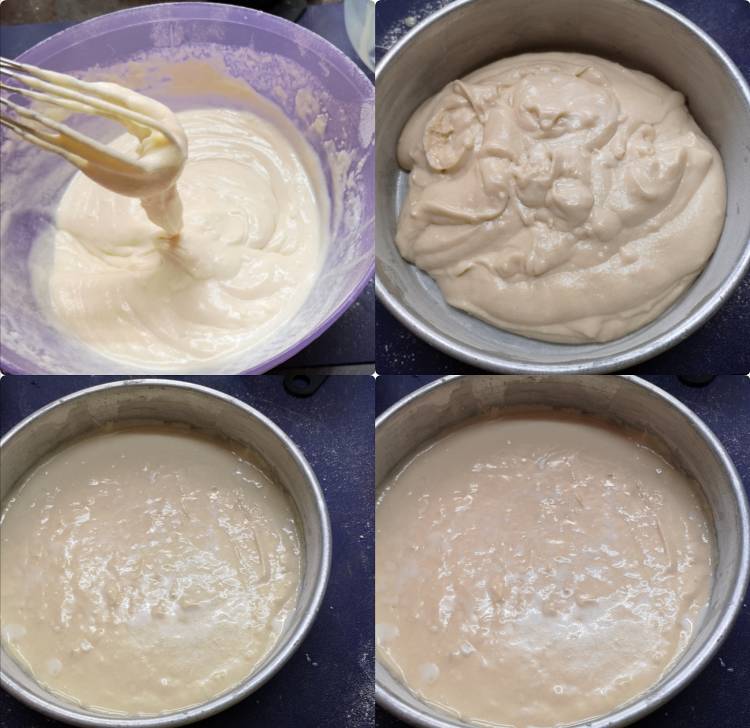beating condensed milk in egg less vanilla sponge cake recipe and cake batter ready to be baked in the pre-heated oven, how to bake egg less vanilla sponge cake