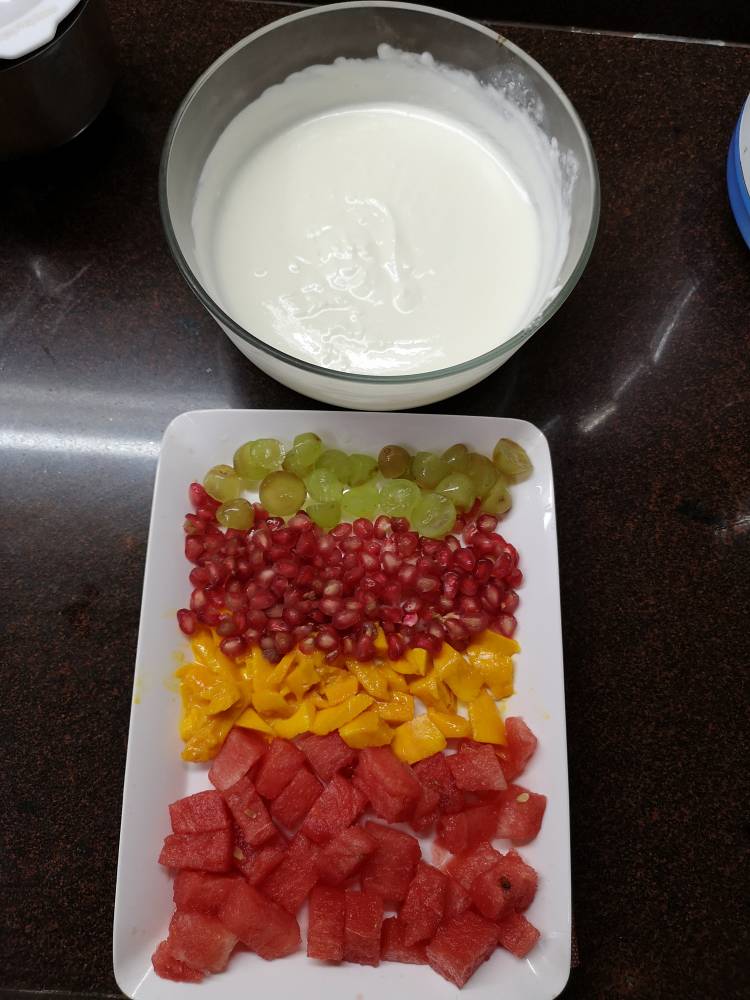 ready to mix fruits in cream for fruit cream recipe,  how to make Fruit cream 