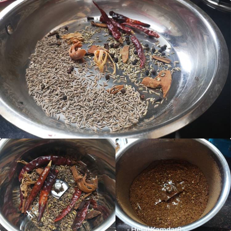 roasting cumin seeds, peppercorns, dry red chilies, and cinnamon for for Kadai Paneer Masala gravy