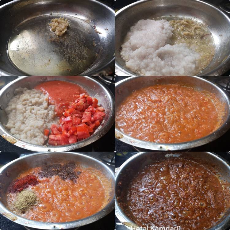 preparing onion, tomato, garlic gravy for Kadai Paneer Masala