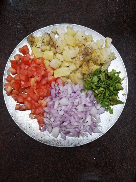 finely chopped onions, tomatoes and potatoes for Sev puri recipe