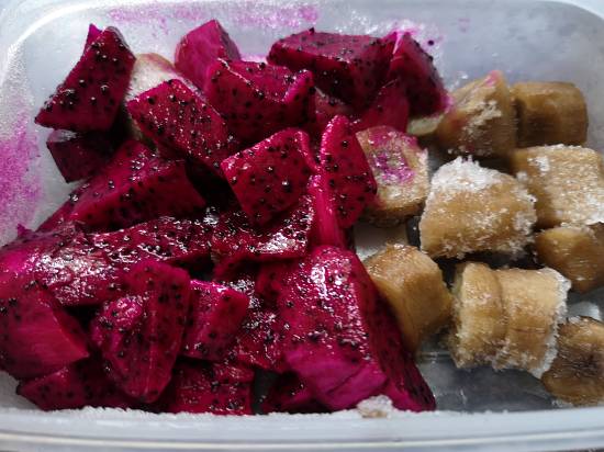 chunks of pink dragon fruit and frozen bananas,  COVID Fighting Dragon Fruit / recipe of dragon fruit smoothie