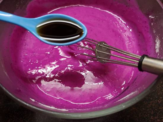 adding vanilla essence to Pink Pitaya Pancakes Recipe, Dragon Fruit Pancakes