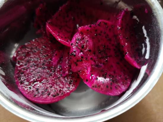 slices of pink pitaya, dragon fruit for pancakes recipe