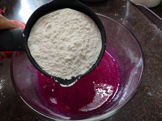 adding all=purpose flour to pink Pitaya Pancakes, Dragon Fruit Pancakes recipe