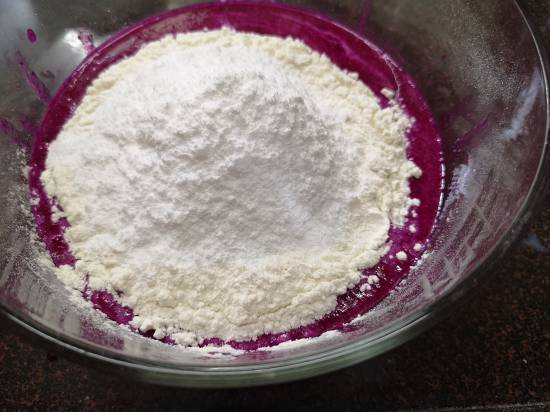 pink dragon fruit pulp, all-purpose flour, and icing sugar ready to be mixed into a batter
