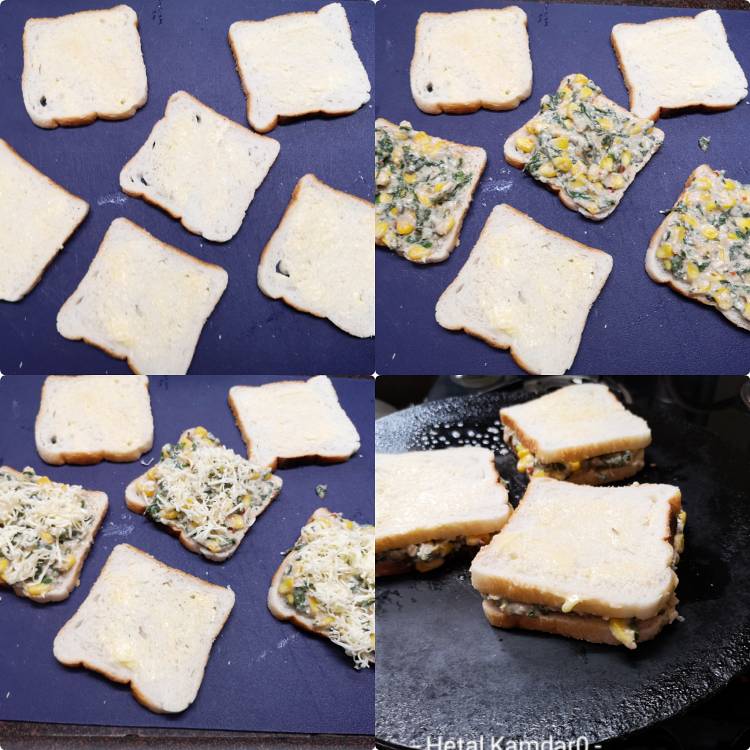 collage photo of steps of how to make spinach corn cheese grilled sandwich
