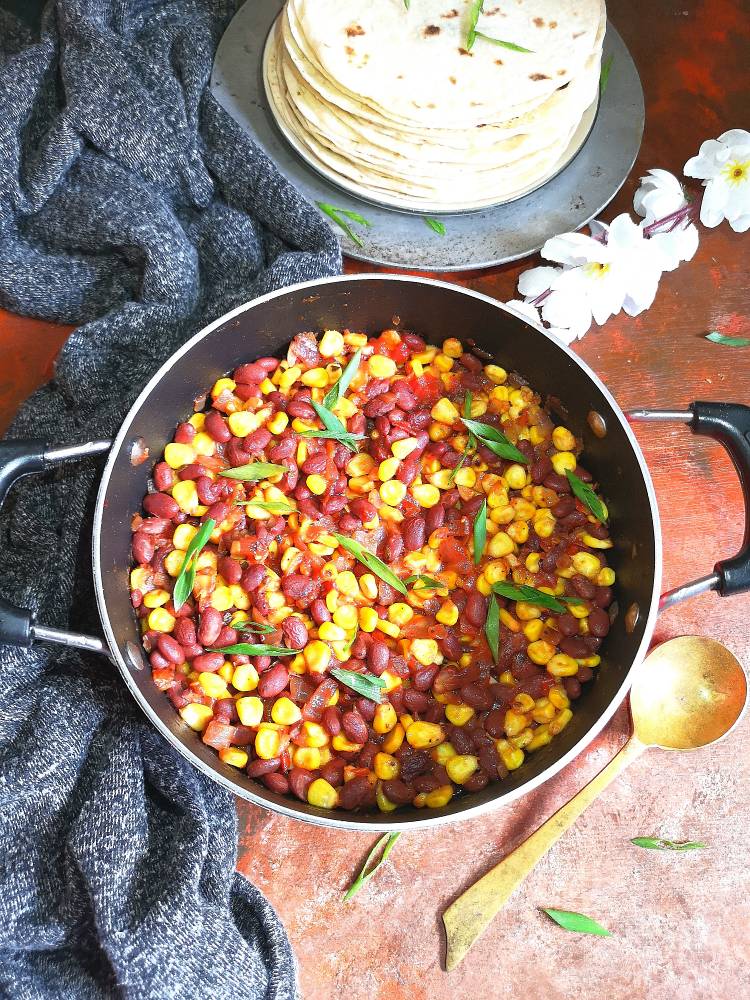 Close up view of Mexican Beans and Corn Recipe along with Flour Tortillas