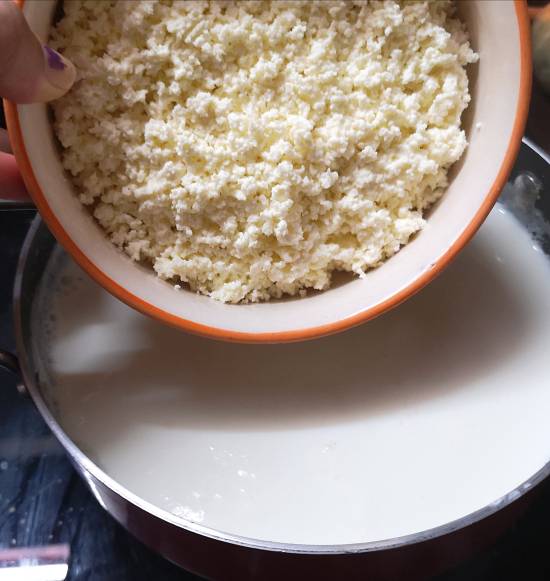 adding homemade crumbled paneer in boiled milk 