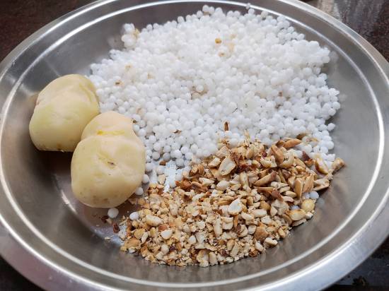Soaked Sabudana pearls, boiled and peeled potatoes and crushed peanuts for Sabudana Tikkis