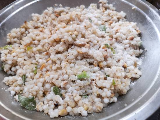 mix of sabudna, boiled pototoes, crushed peanuts and spices along with Amaranth flour for Sabudana Tikkis
