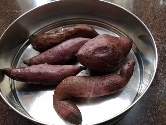 close up view of Boiled sweet potatoes, ready to be peeled and mashed