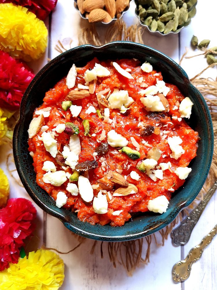 Gajar Halwa served in beautiful Amber and Teal Ceramic bowls from ExclusiveLane