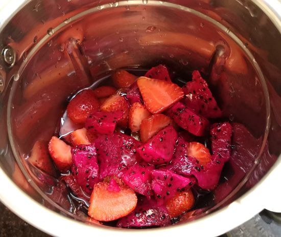 Recipe of Strawberry and Dragon Fruit Smoothie, chunks of strawberries and pink dragon fruit ready to be blended
