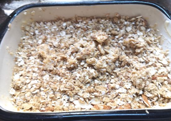Strawberry Oats Crumble baking in the oven