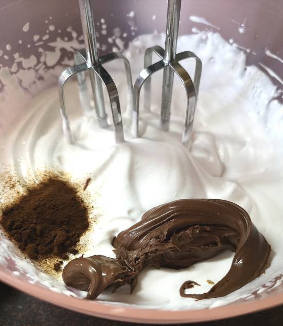 adding Nutella, coffee powder and whipping cream for 3 Ingredients Nutella Mousse 