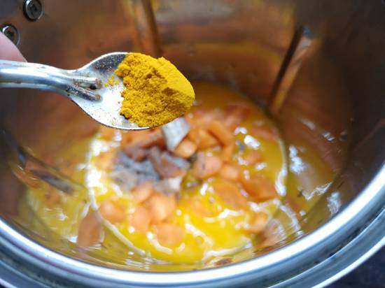 Adding Turmeric Powder to the blender for Mango Ginger Turmeric Smoothie
