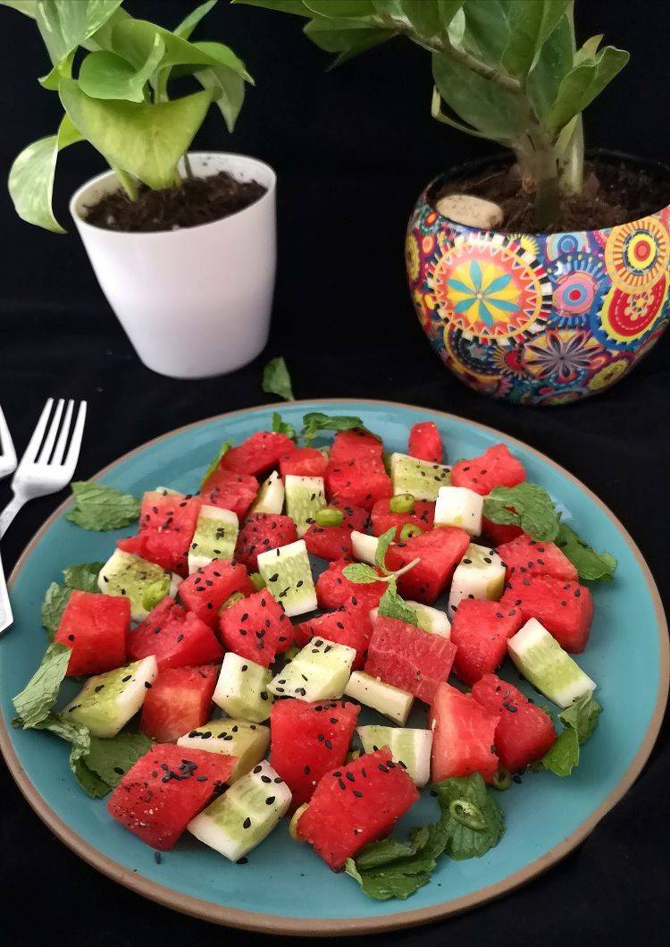 Close up view of watermelon cucumber salad, how to make watermelon cucumber salad